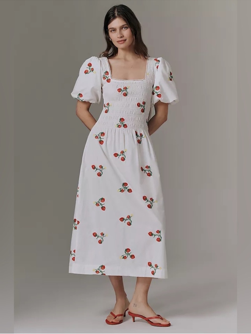 Damson Madder Lauren strawberry embroidered puff sleeve midi dress white US 6 - Picture 2 of 3